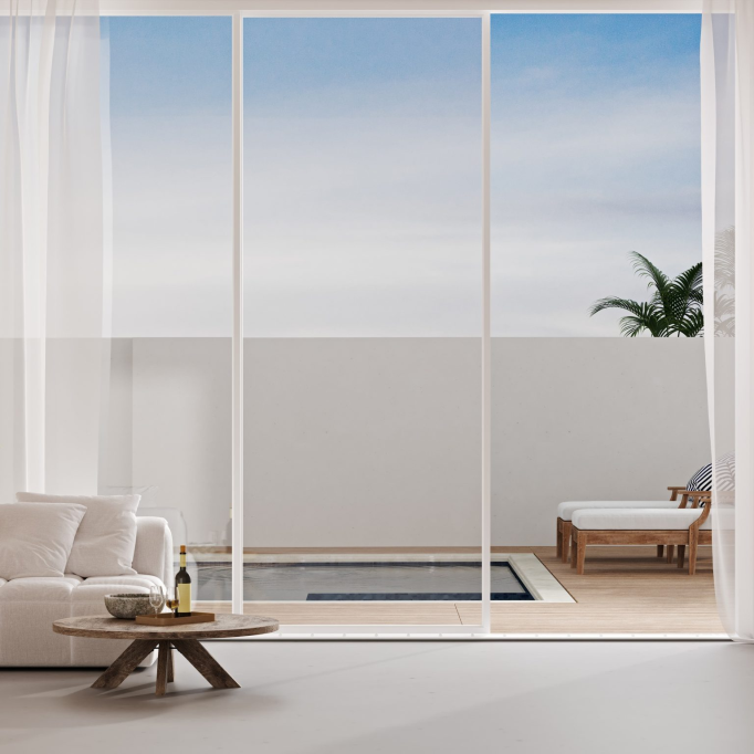 Stylish minimal terrace with pool and palm, cozy veranda in modern house, 3d rendering